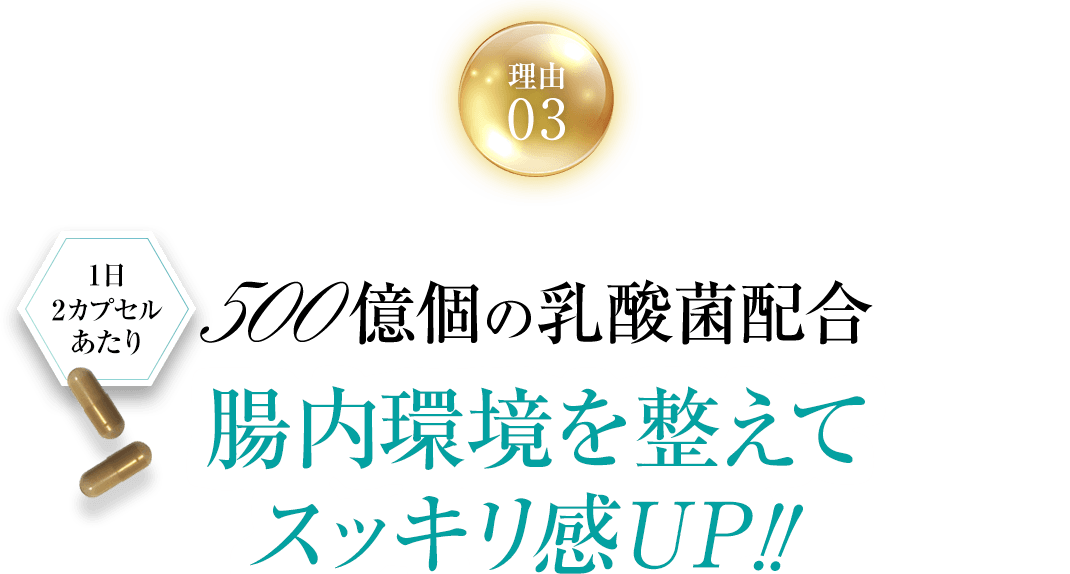 ニオネーゼが選ばれる理由3「1日2カプセルあたり500億個の乳酸菌配合。腸内環境を整えてスッキリ感UP!」